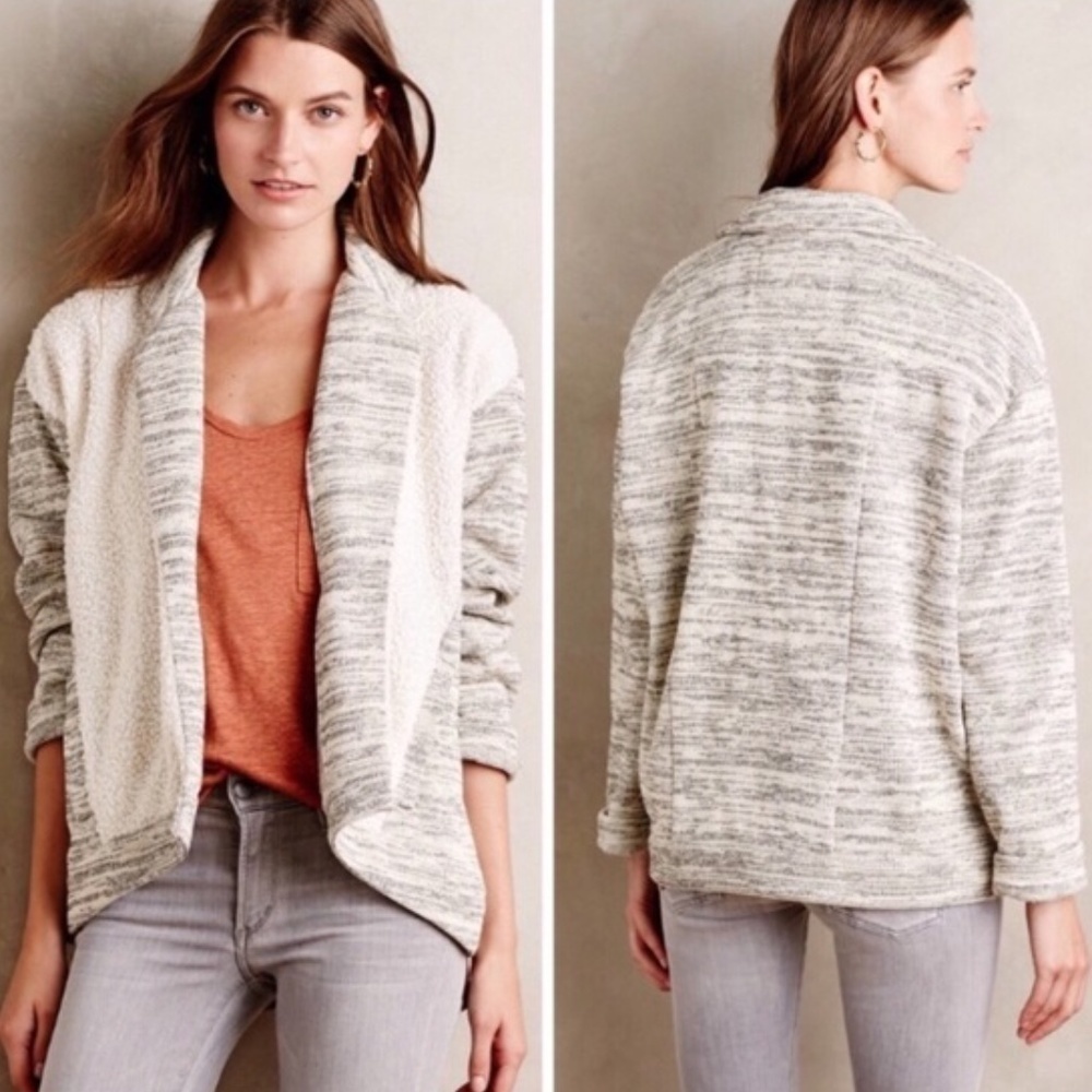 Anthro Saturday Sunday Faux Sherpa Open Front Jacket XS Gray Marled Knit Warm